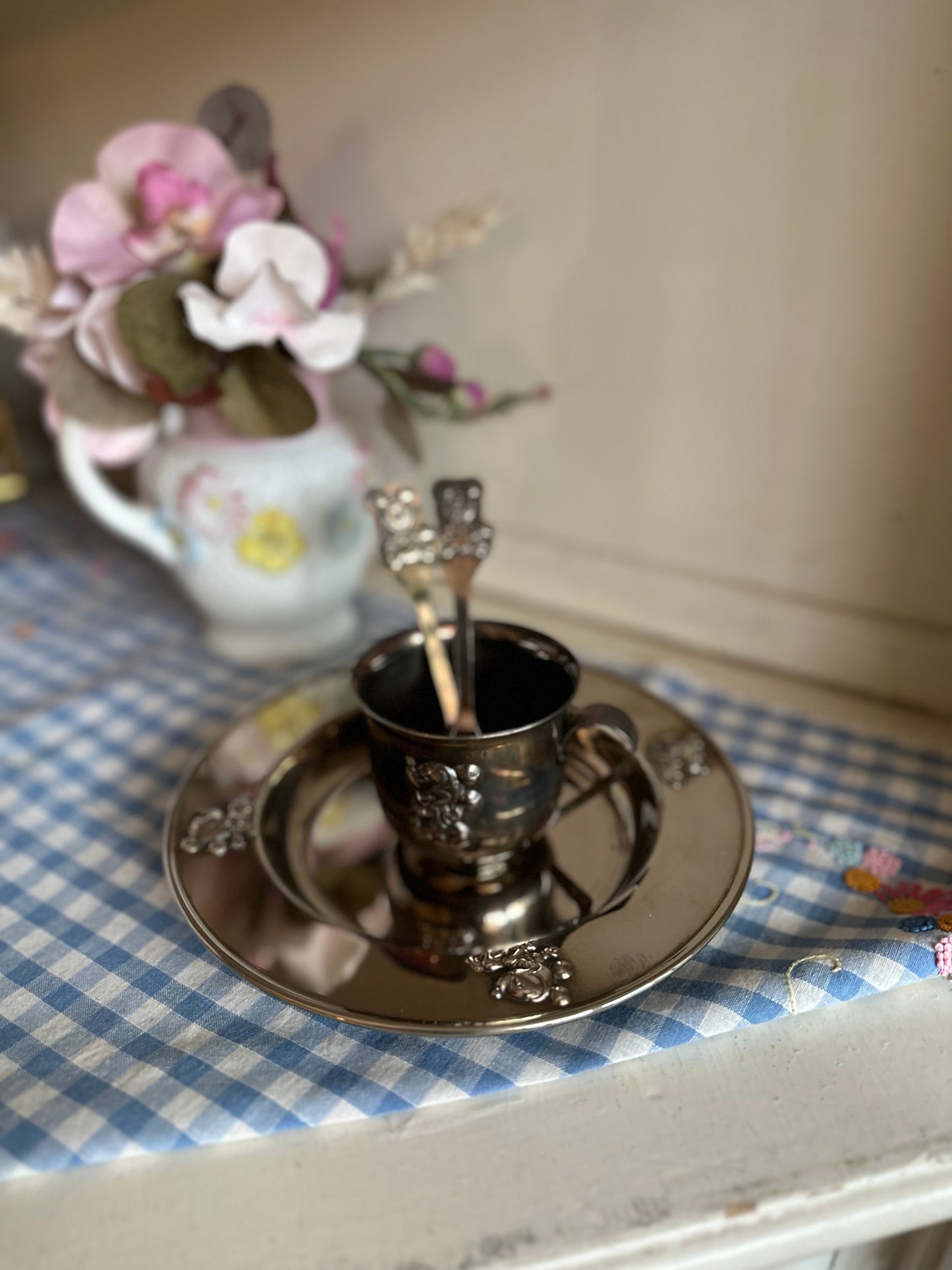 Mickey Mouse Silver Plate Kids serving set - cup, plate, spoon & fork