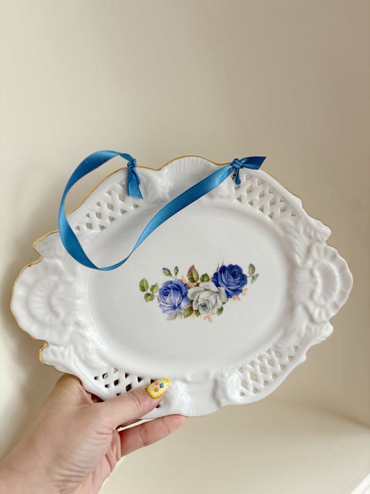 Pierced Rim Blue floral wall hanging plate #1
