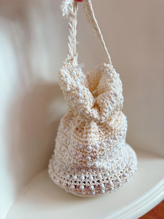 Woven bucket purse with white beads - made in Japan