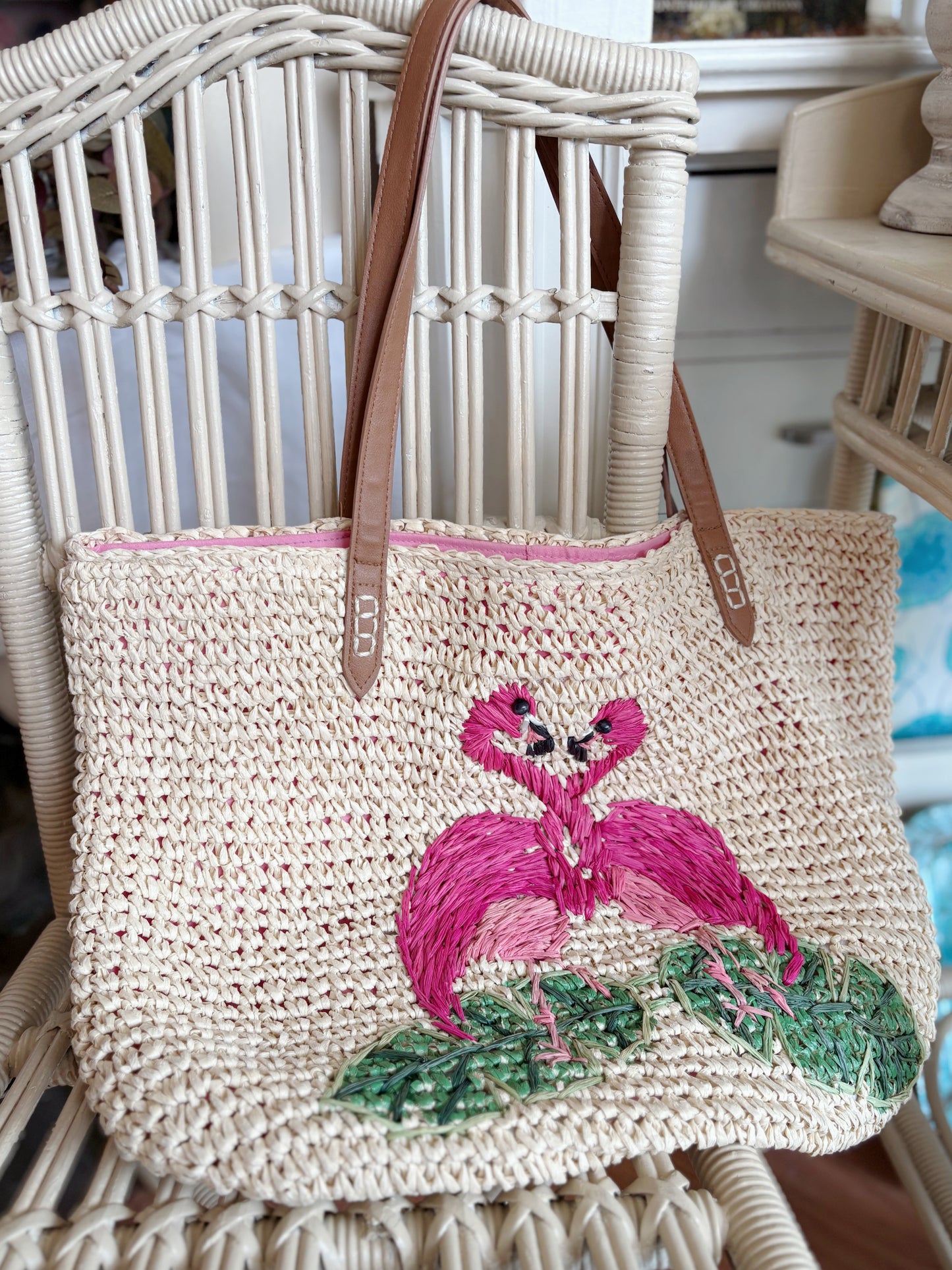 Large woven Flamingo Tote / beach bag