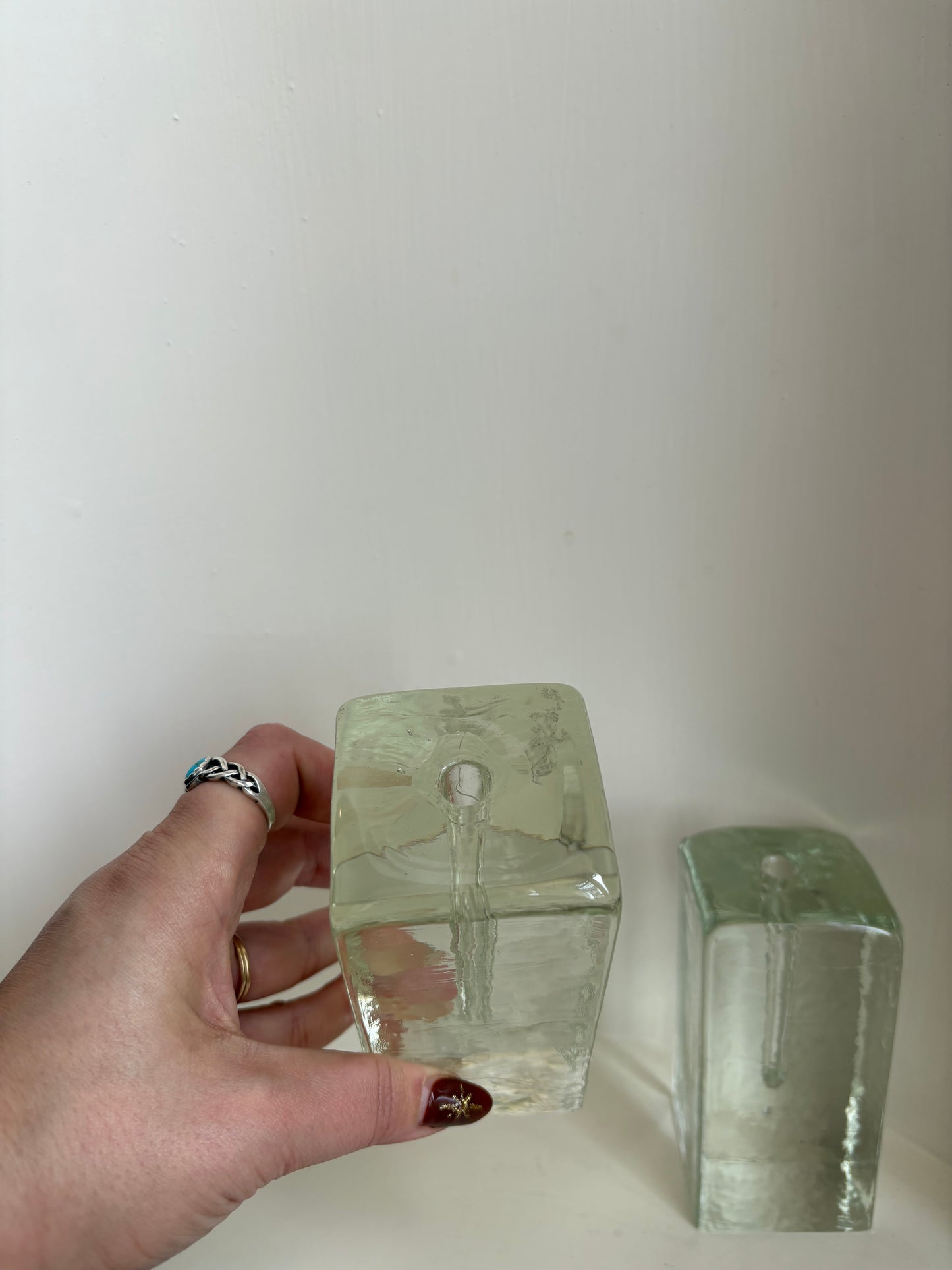 Pair of glass block candlestick holders