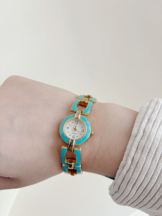 Teal Blue & Gold Link Watch
