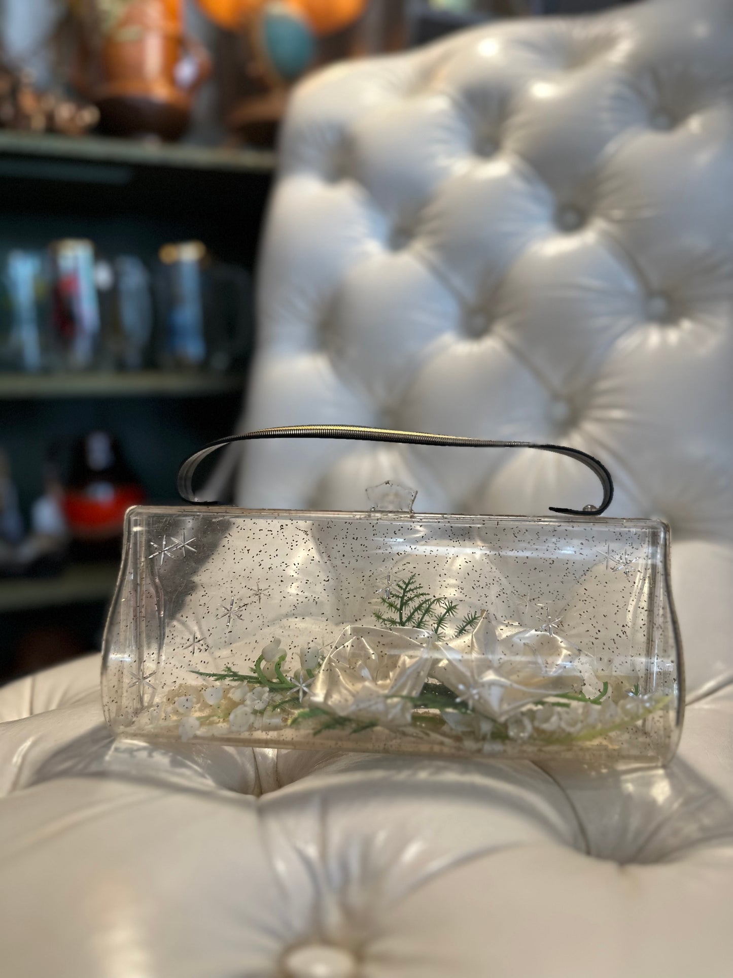 1950s clear plastic with silver sparkles evening bag (includes cake doilies and courage from vintage wedding inside)