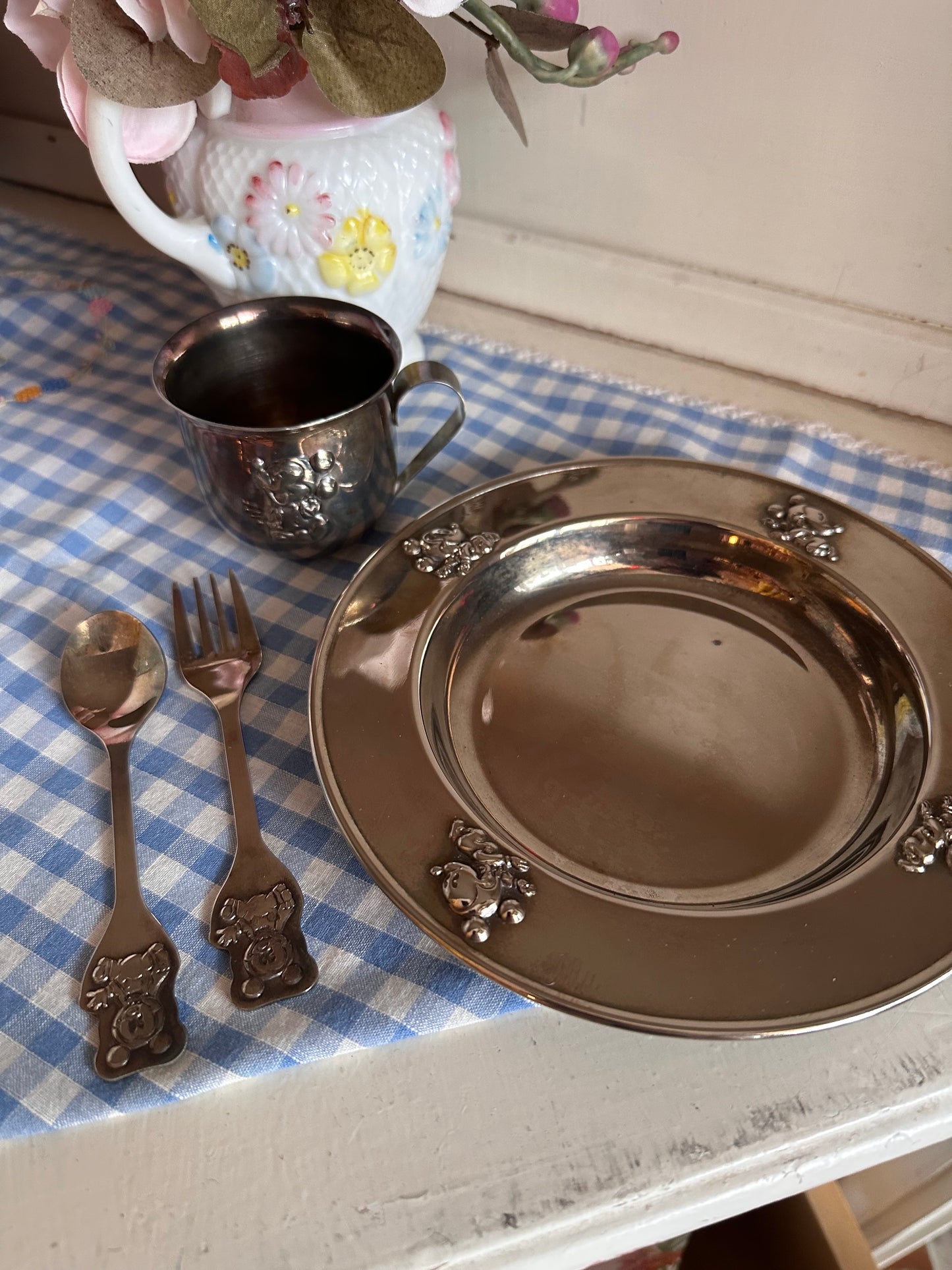 Mickey Mouse Silver Plate Kids serving set - cup, plate, spoon & fork