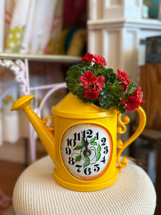 Vintage Watering Can Clock with faux flowers - made in USA