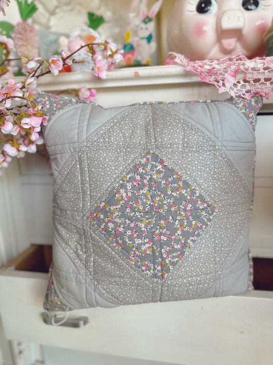 Handmade quilted pillow with zipper - grey & florals