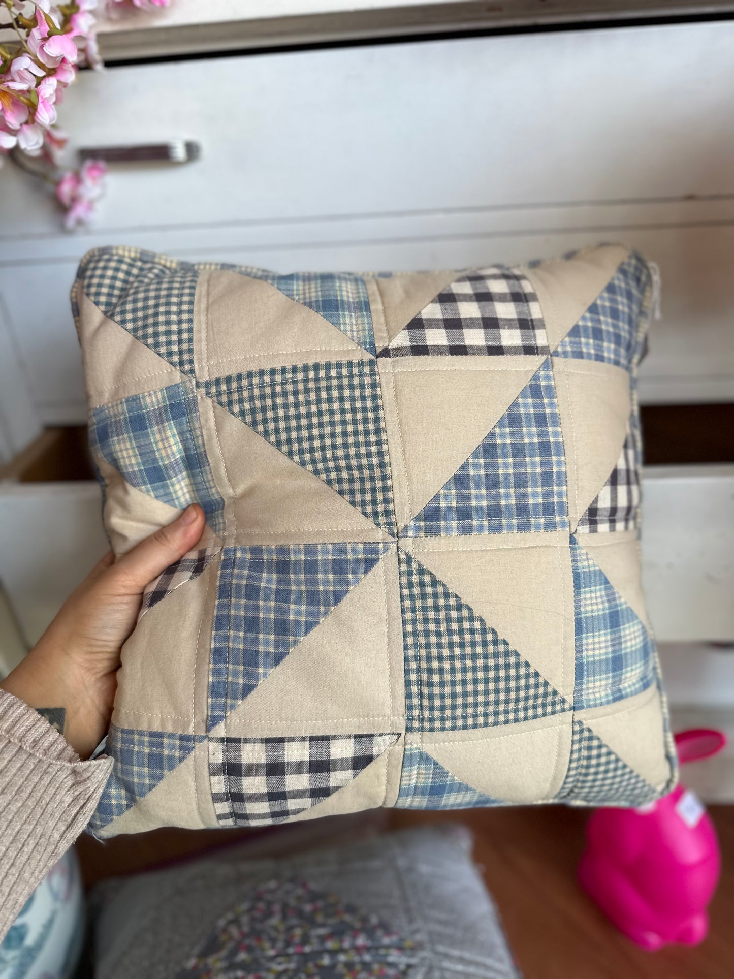 Handmade quilted pillow with zipper - blue patterns