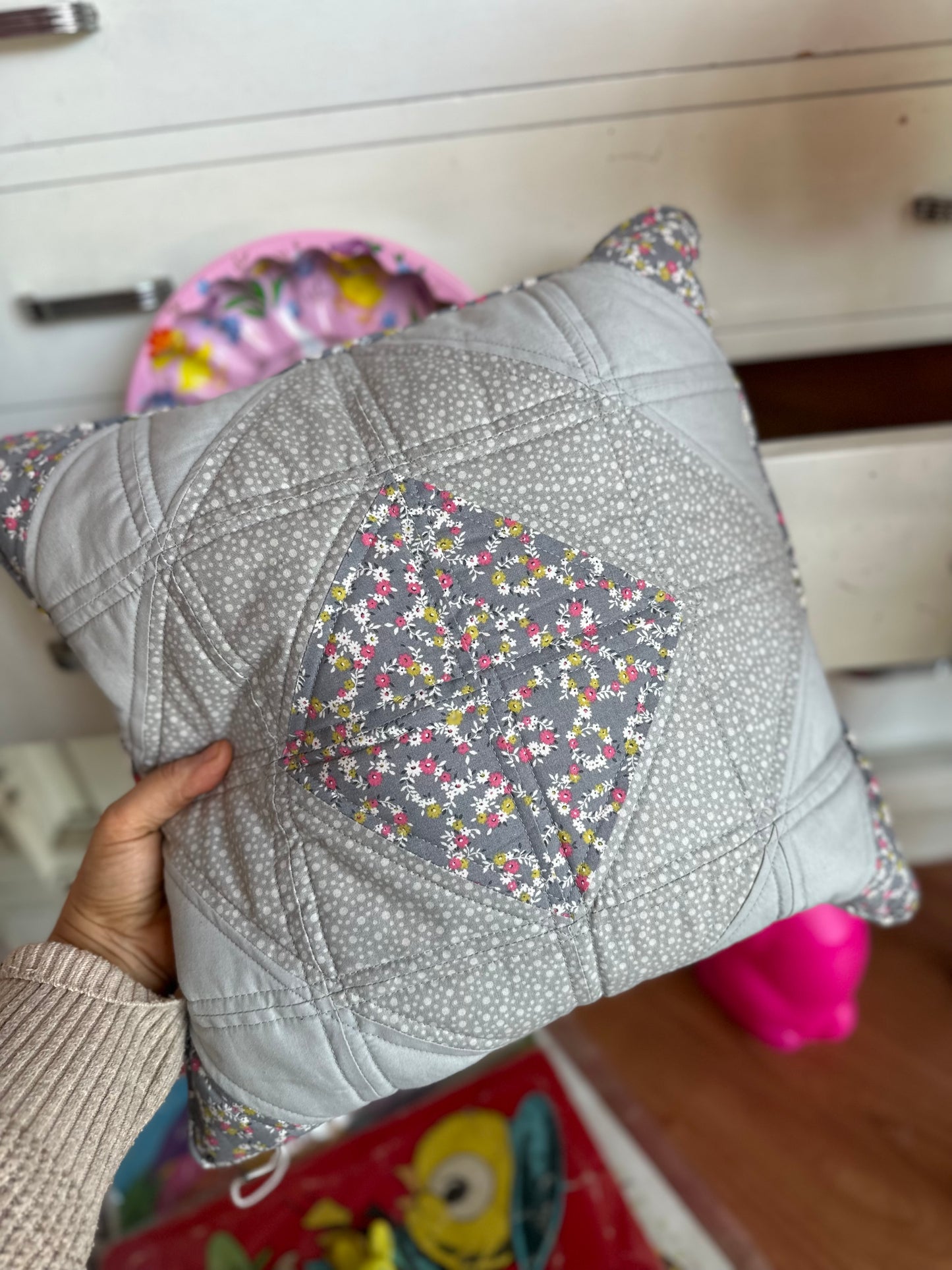 Handmade quilted pillow with zipper - grey & florals