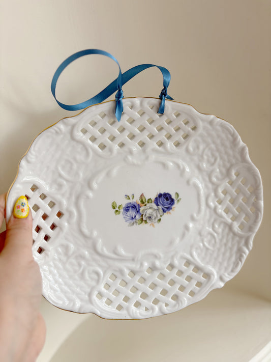 Pierced Rim Blue floral wall hanging plate #2