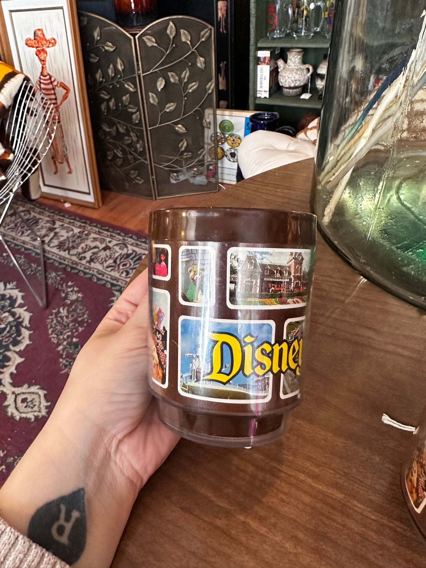 Set of 2 1970s Disneyland Plastic Mugs with images from the park