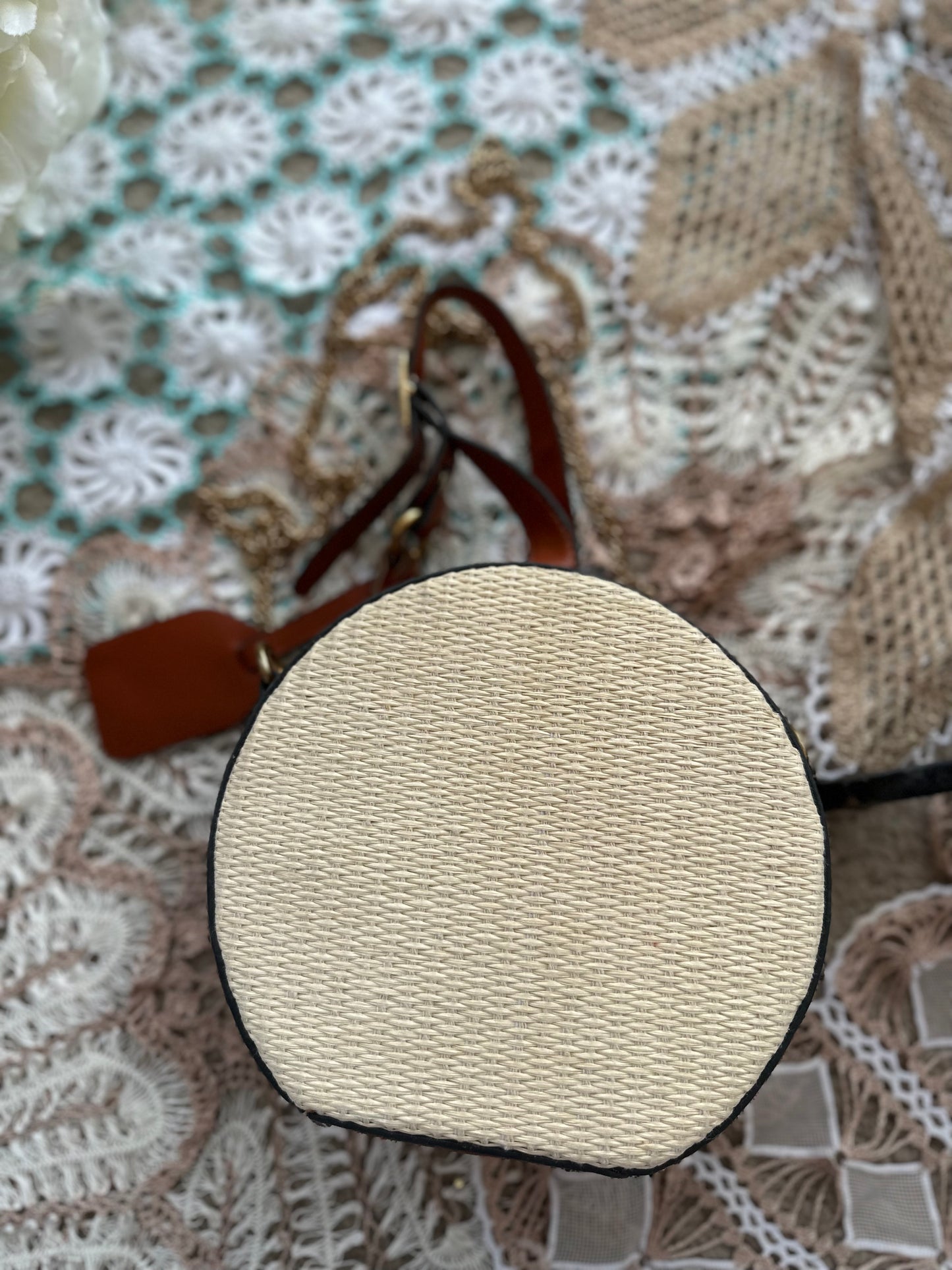 Round woven & faux leather handbag/ crossbody bag