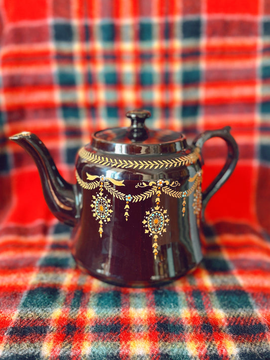 Dark Brown Teapot with painted details - made in England