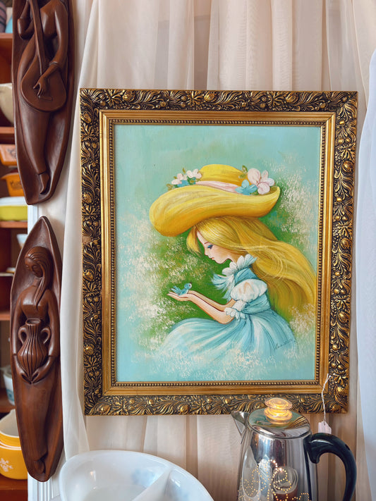 70s girl holding a bird painting - signed & framed