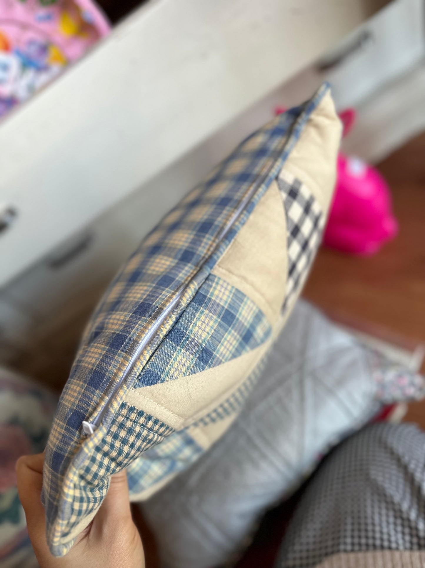 Handmade quilted pillow with zipper - blue patterns