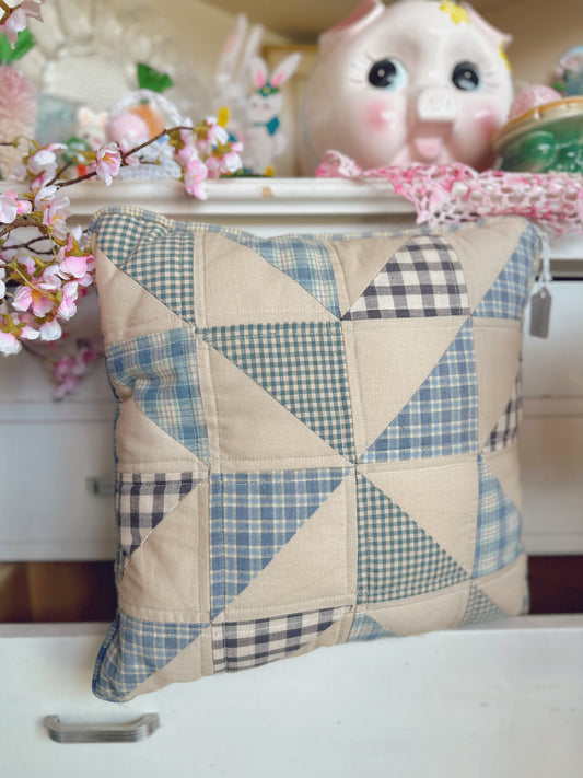 Handmade quilted pillow with zipper - blue patterns