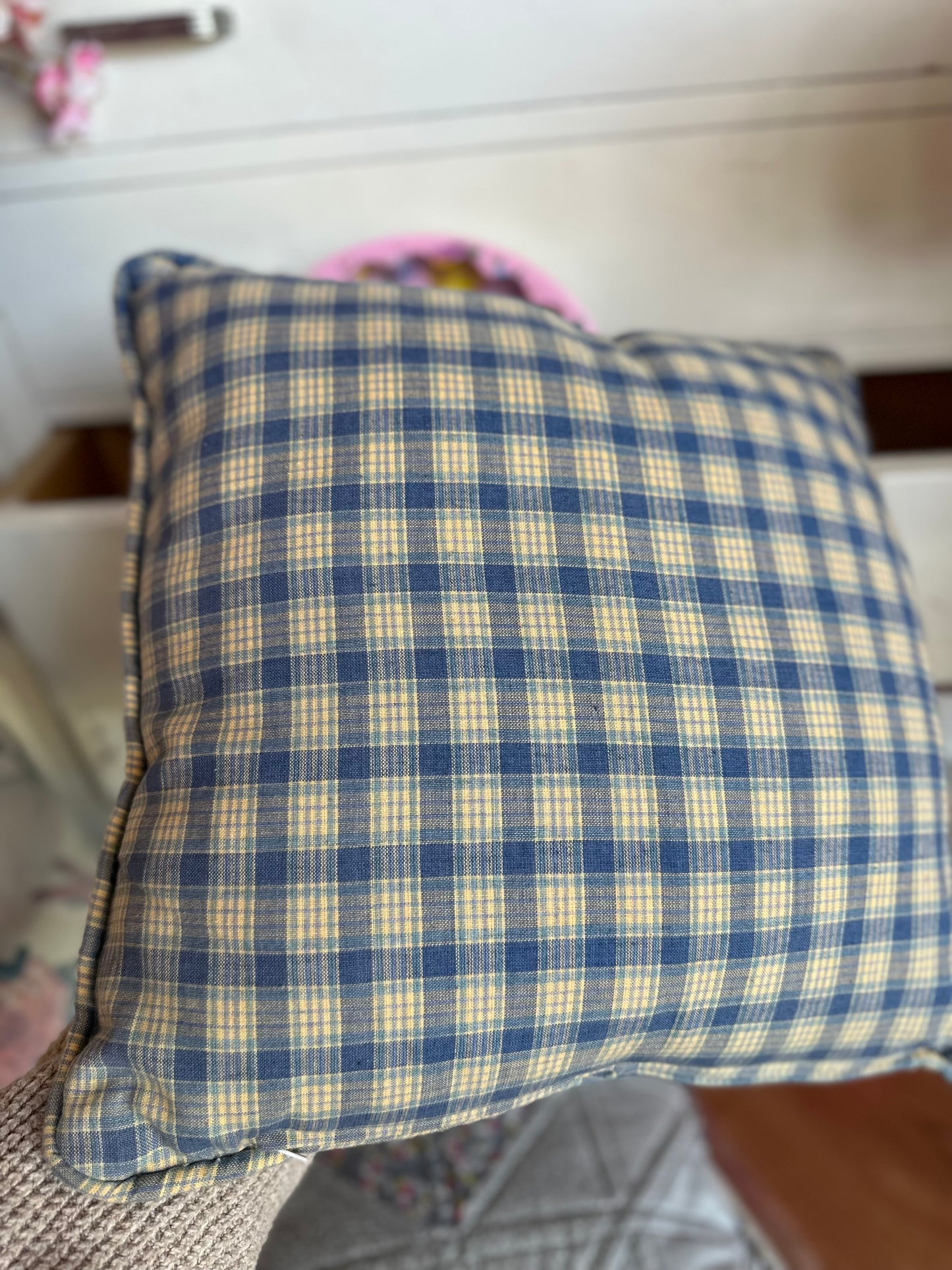 Handmade quilted pillow with zipper - blue patterns