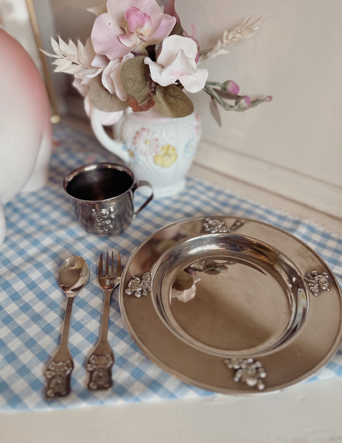 Mickey Mouse Silver Plate Kids serving set - cup, plate, spoon & fork
