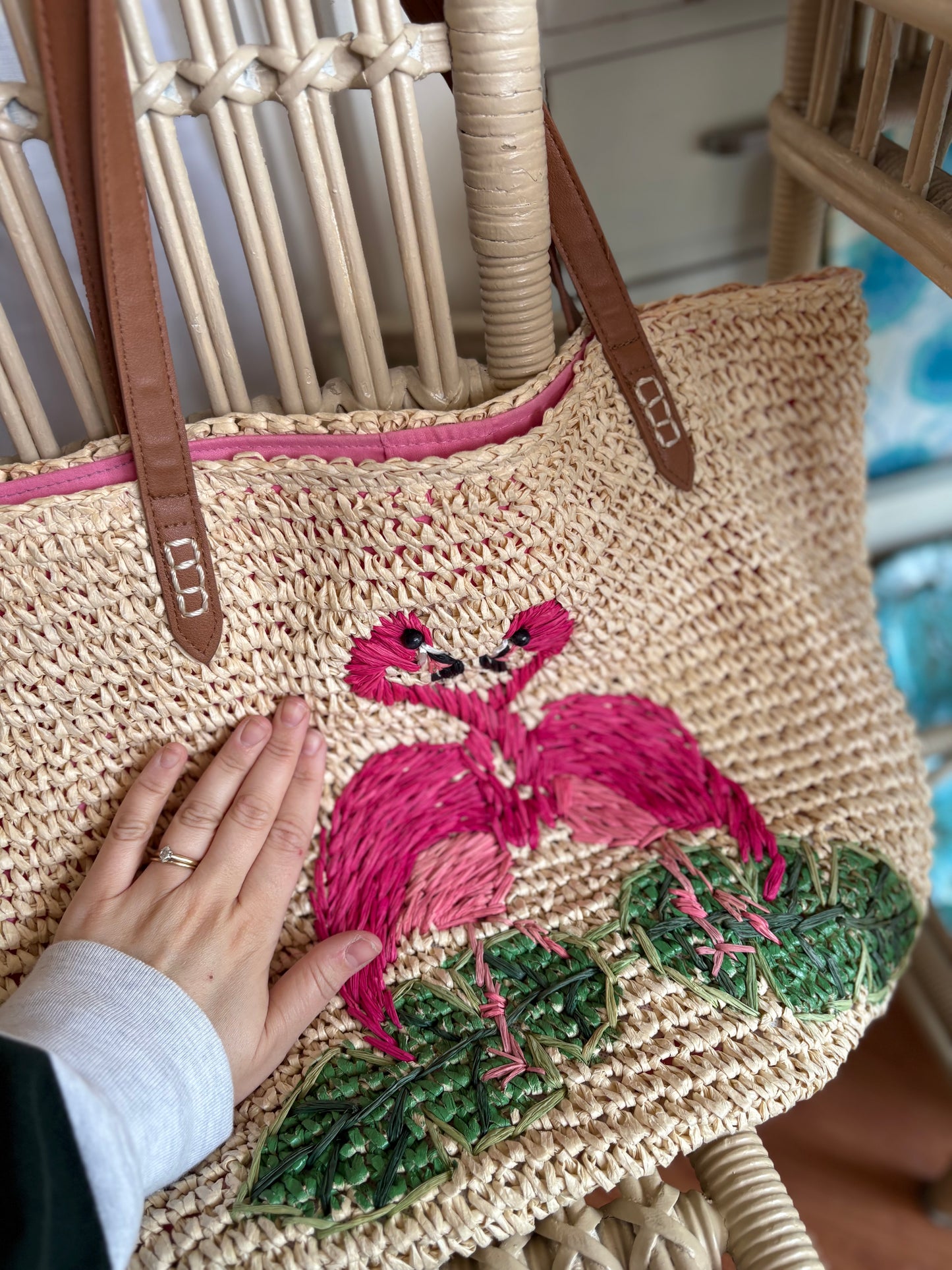 Large woven Flamingo Tote / beach bag