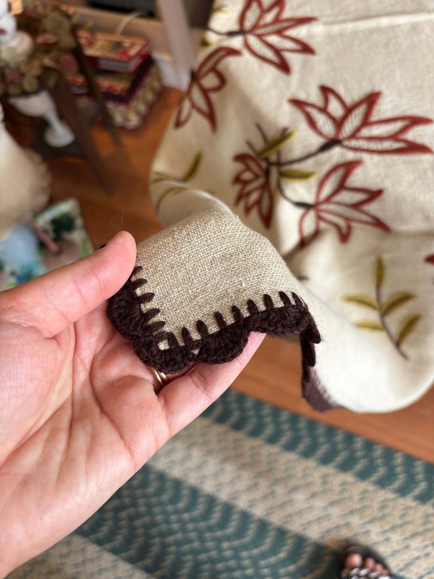 Hand crafted floral square tablecloth with crochet trim