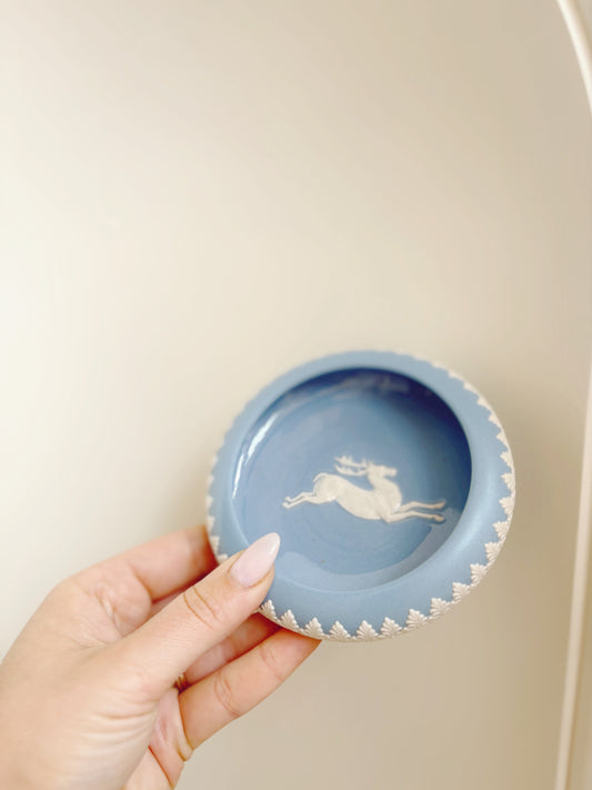 Vintage Dudson Hanley Blue and White Jasper Ware Trinket Tray, Ring Dish, Leaping Stag