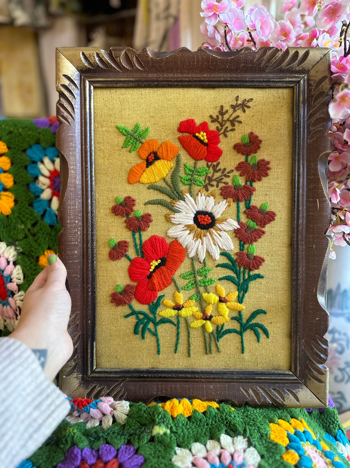 Framed Floral Needlepoint Art