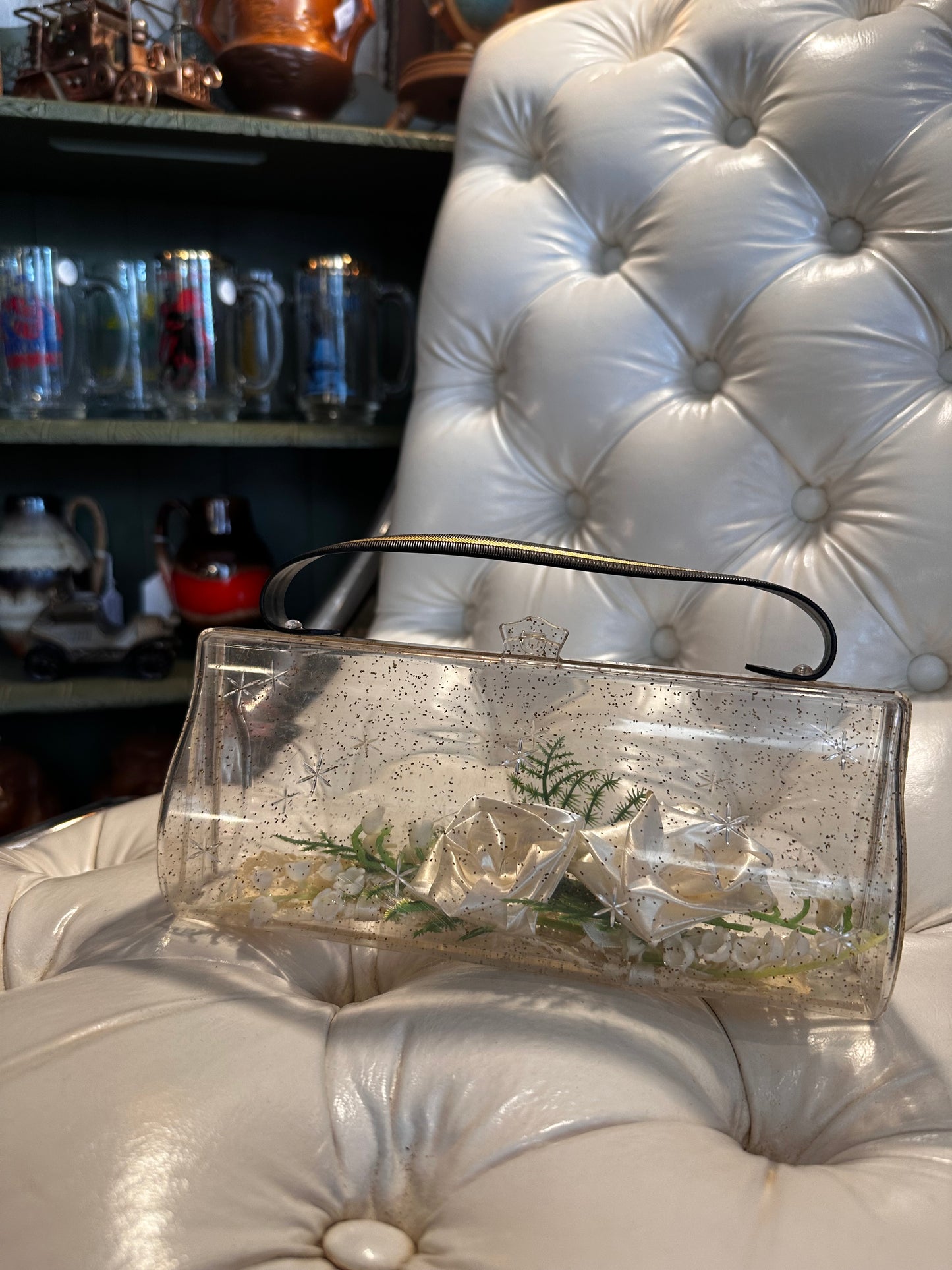 1950s clear plastic with silver sparkles evening bag (includes cake doilies and courage from vintage wedding inside)