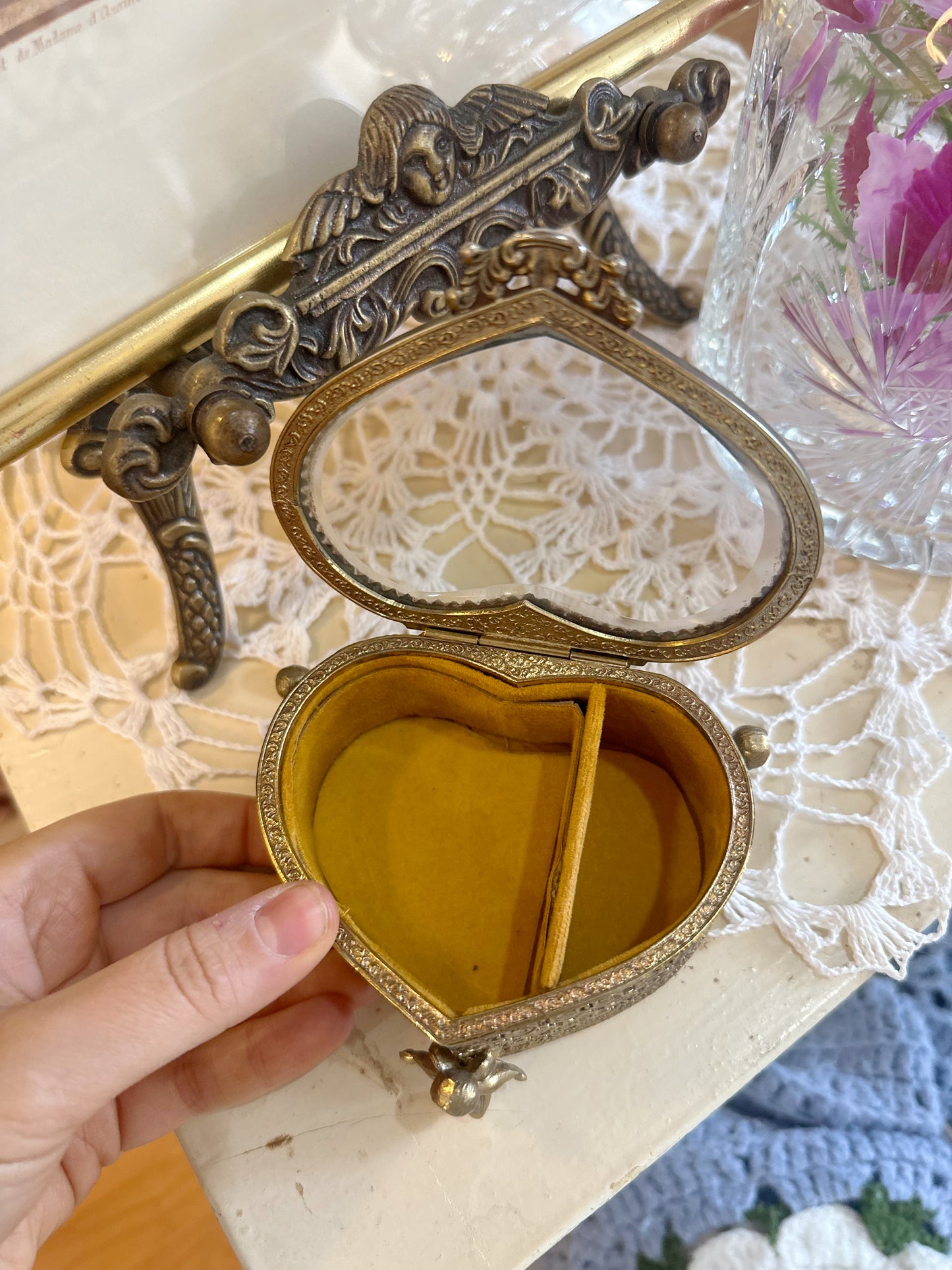Brass Heart Shaped Jewelry Box with cherubs