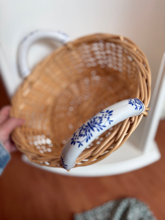 Woven Basket with Ceramic Delft Handles