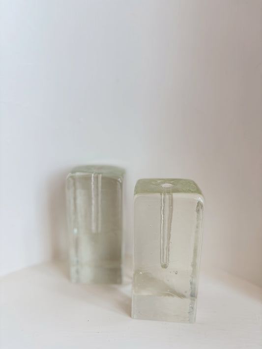 Pair of glass block candlestick holders