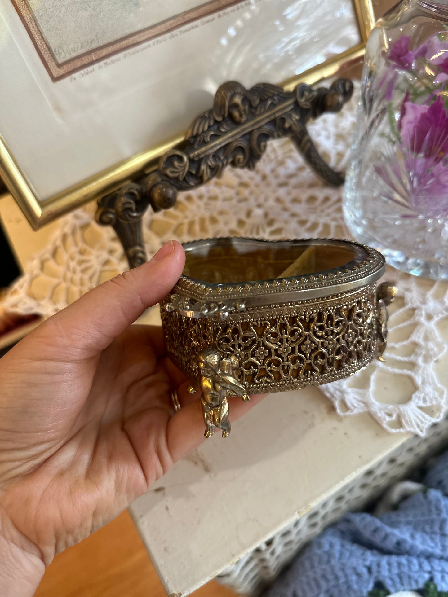 Brass Heart Shaped Jewelry Box with cherubs