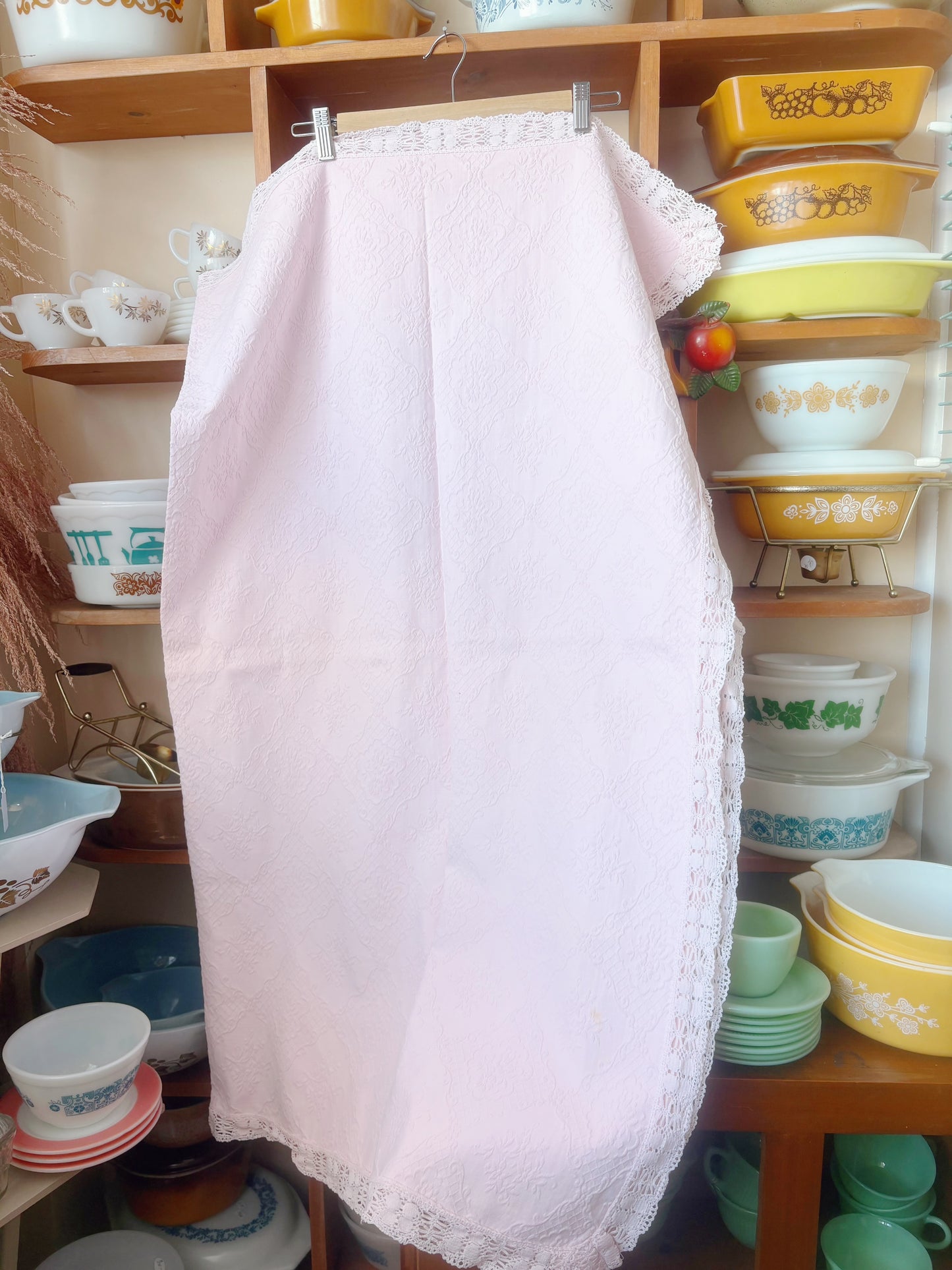 Pink Embossed tablecloth with lace trim