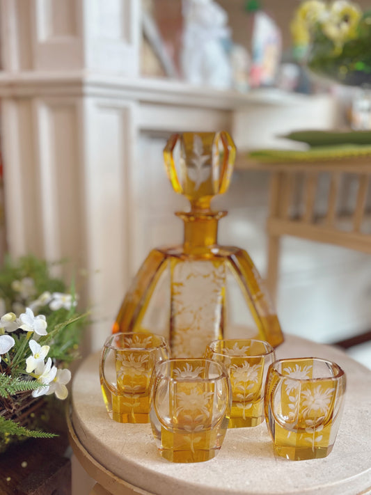 Etched Glass Decanter Set with shot glasses