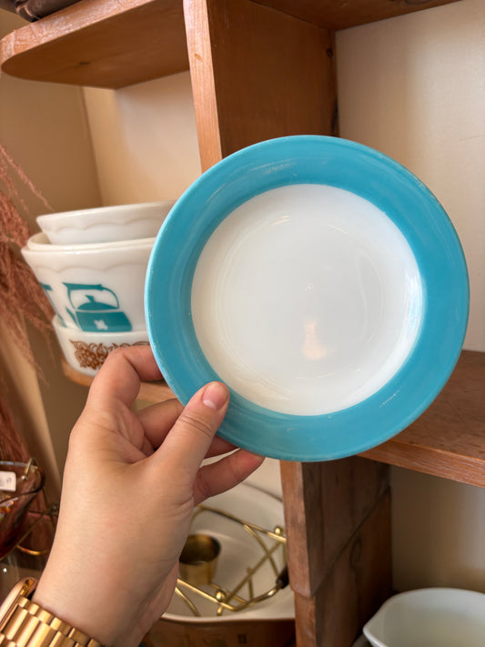 Pyrex Side Plates - Turquoise Blue Banded Milk Glass Dinnerware