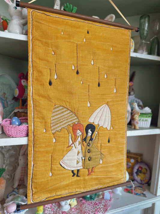 1969 Fabric Wall Hanging Art - girls in the rain