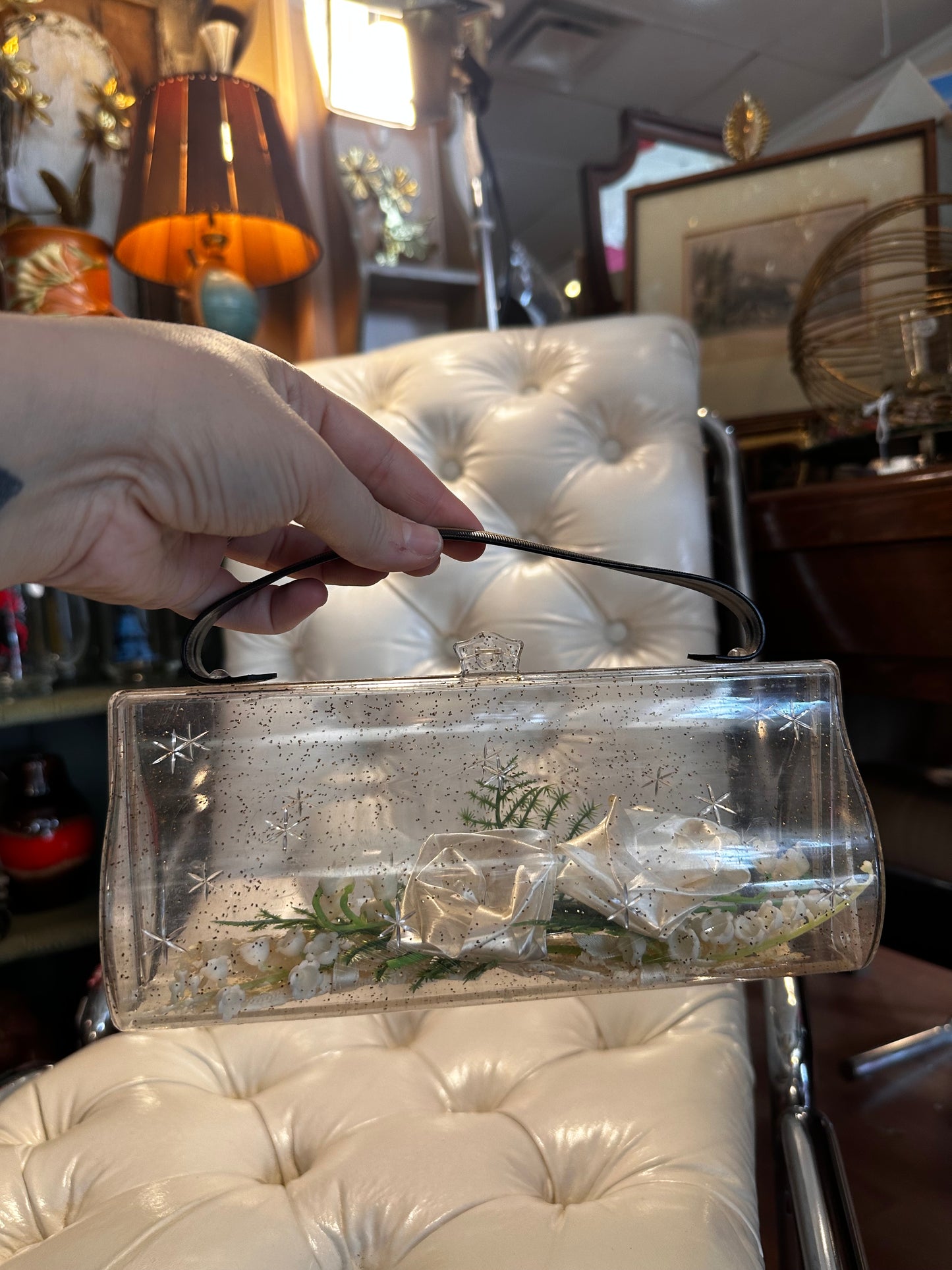 1950s clear plastic with silver sparkles evening bag (includes cake doilies and courage from vintage wedding inside)