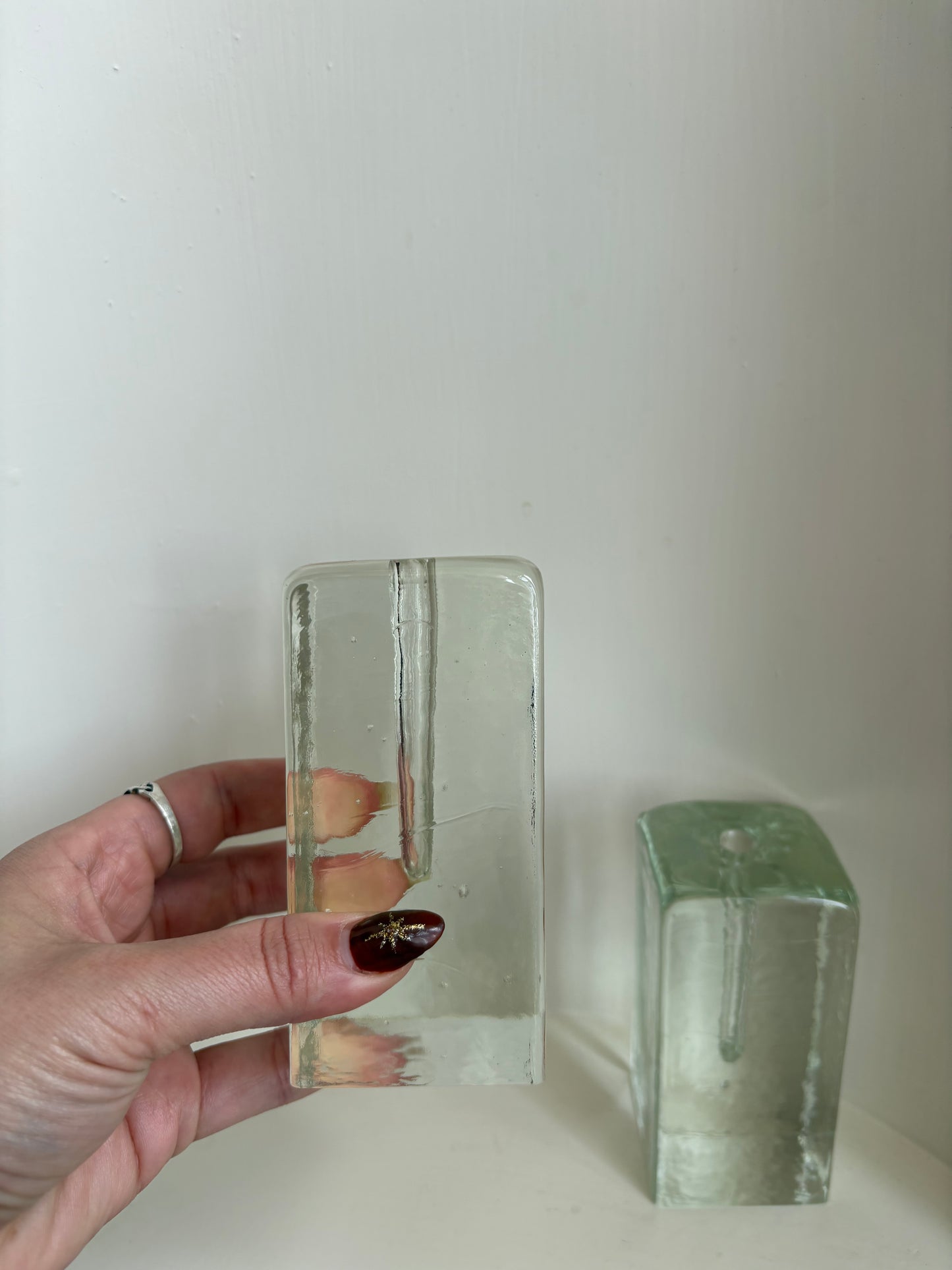 Pair of glass block candlestick holders