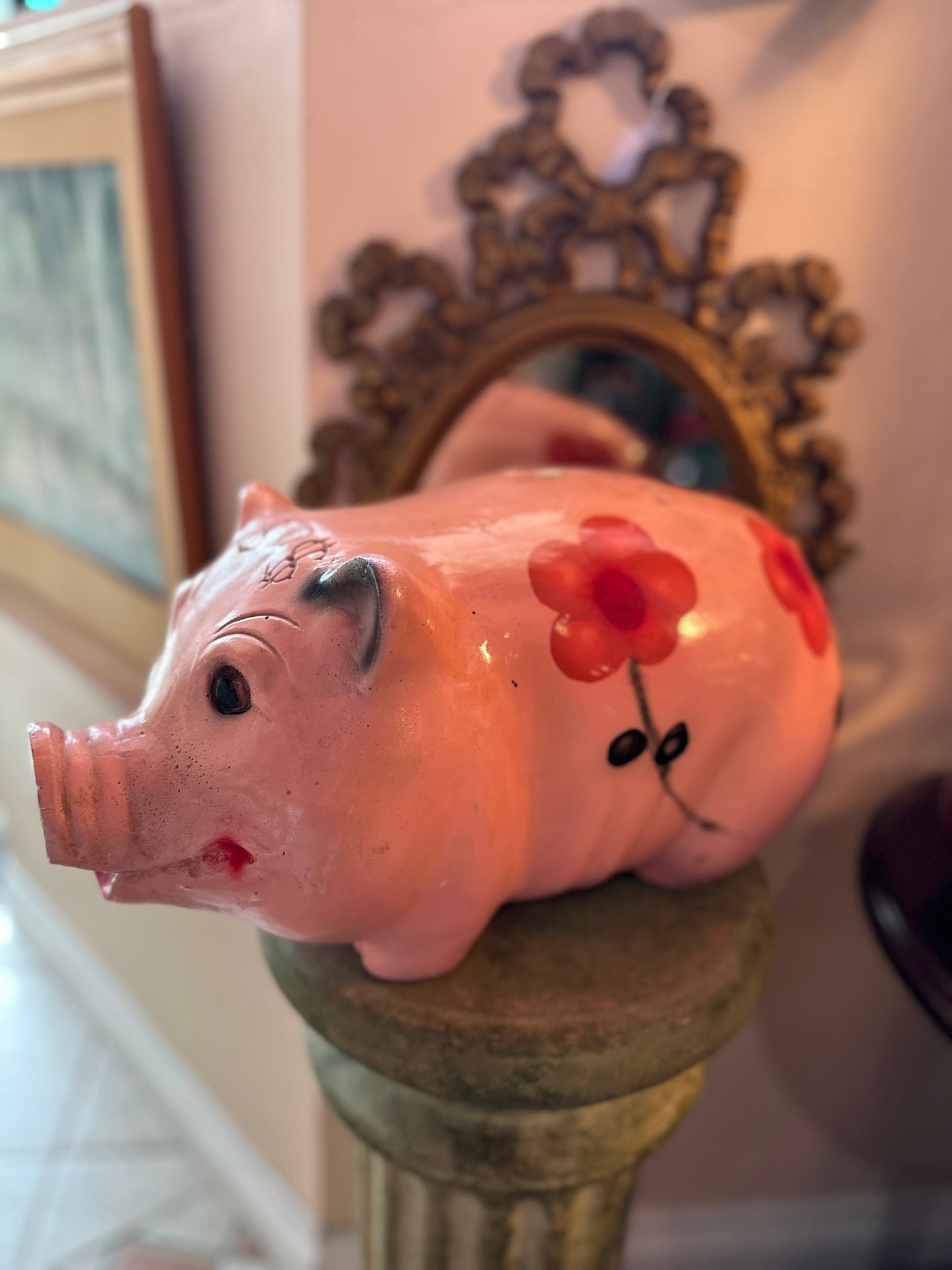 Large ceramic piggy bank with floral design