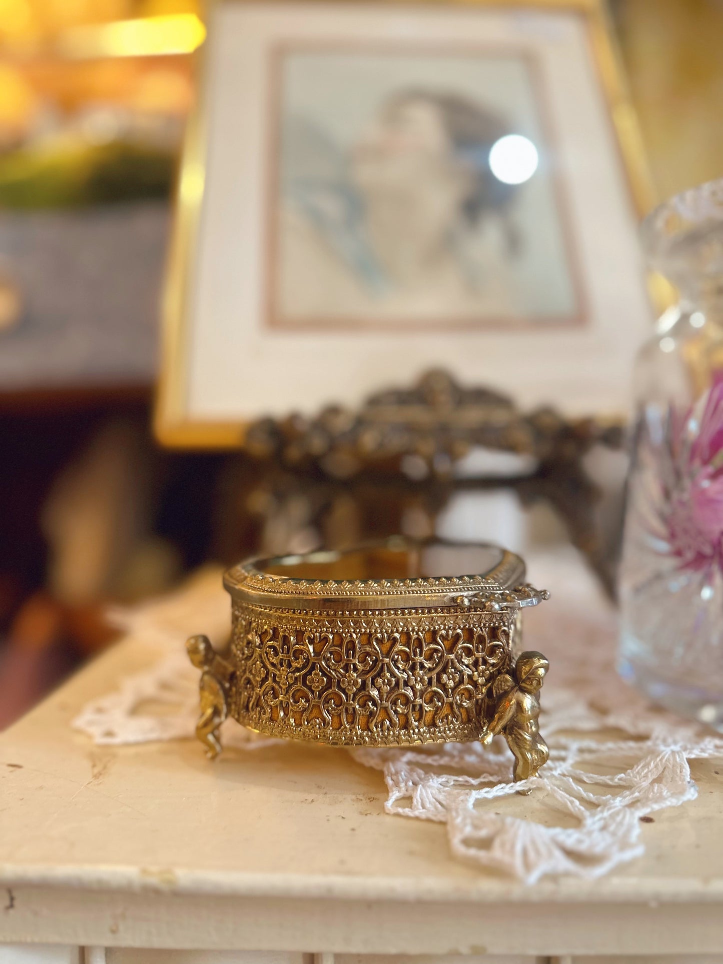 Brass Heart Shaped Jewelry Box with cherubs