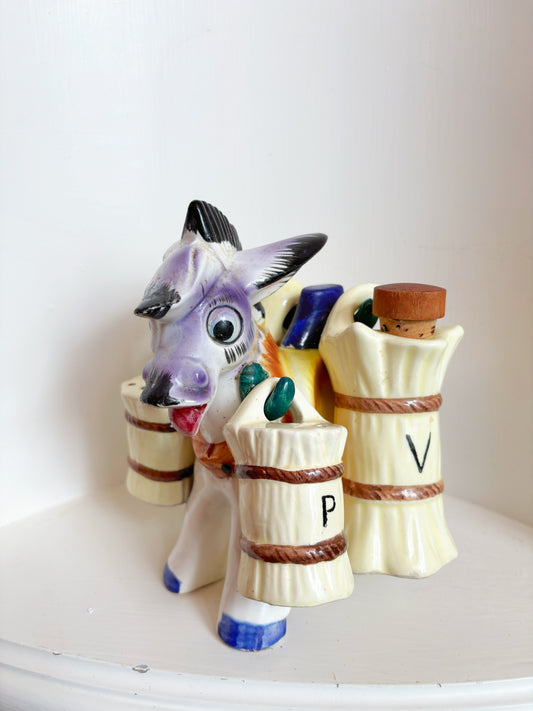 Vintage Japan Ceramic Burro Donkey Salt Pepper Oil & Vinegar Holder