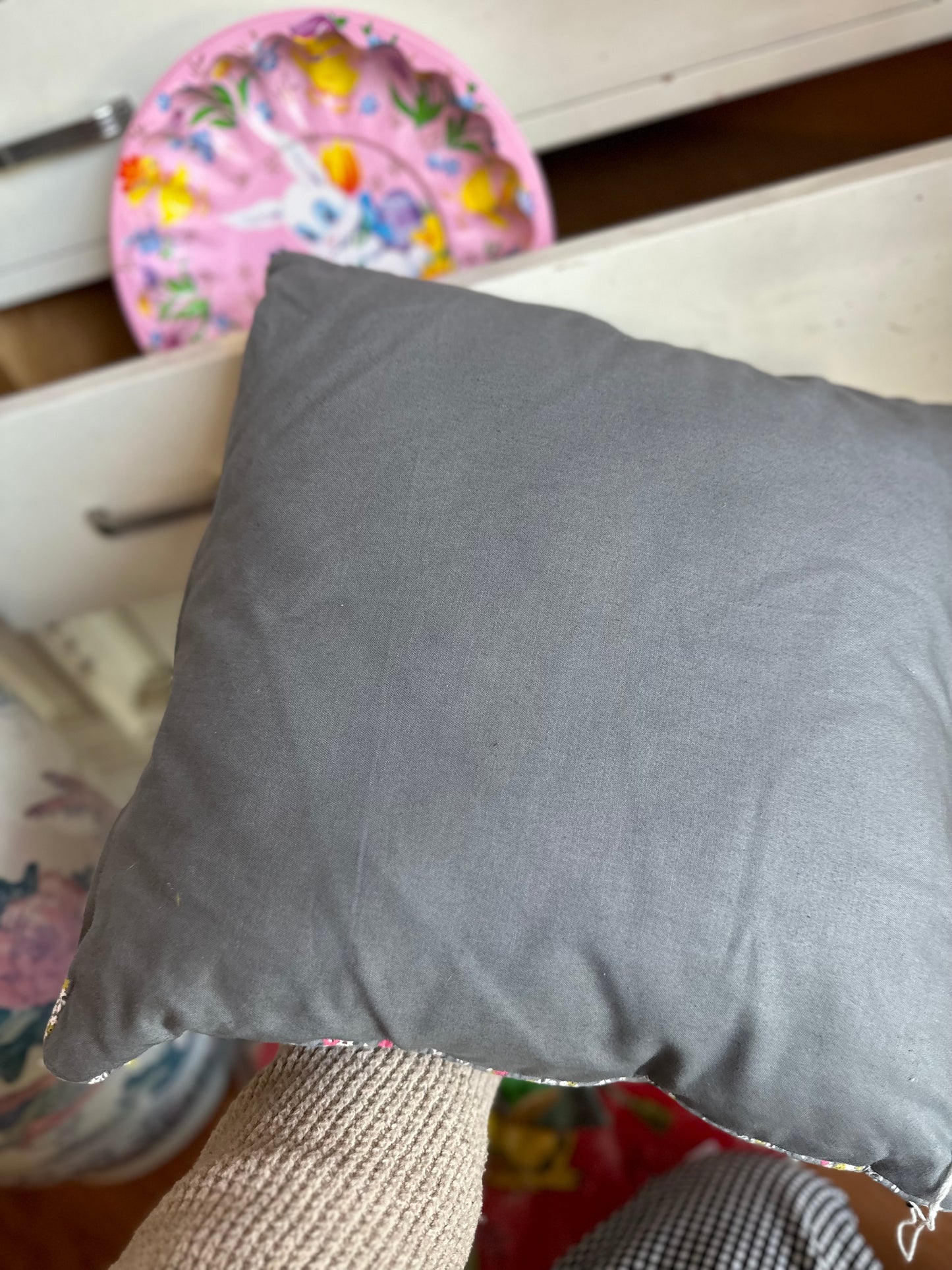 Handmade quilted pillow with zipper - grey & florals