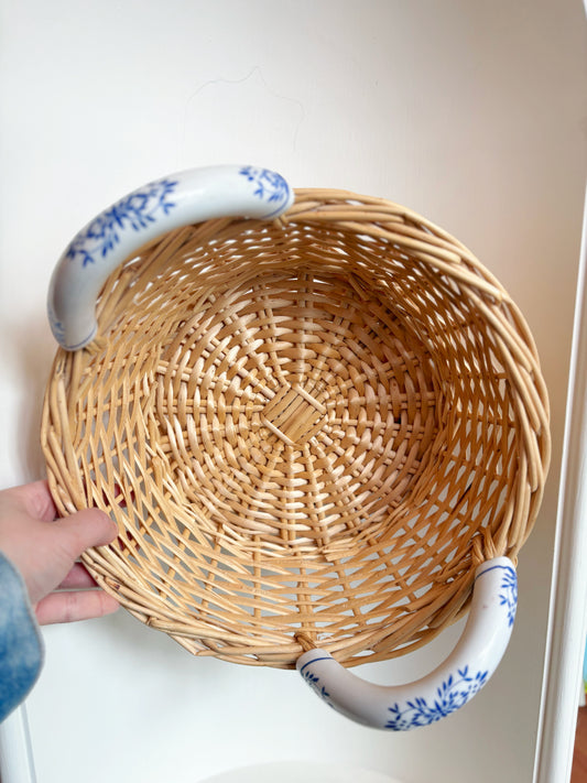 Woven Basket with Ceramic Delft Handles