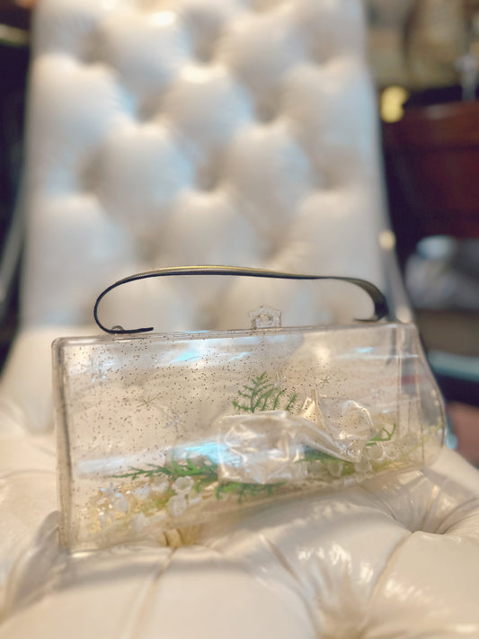 1950s clear plastic with silver sparkles evening bag (includes cake doilies and courage from vintage wedding inside)