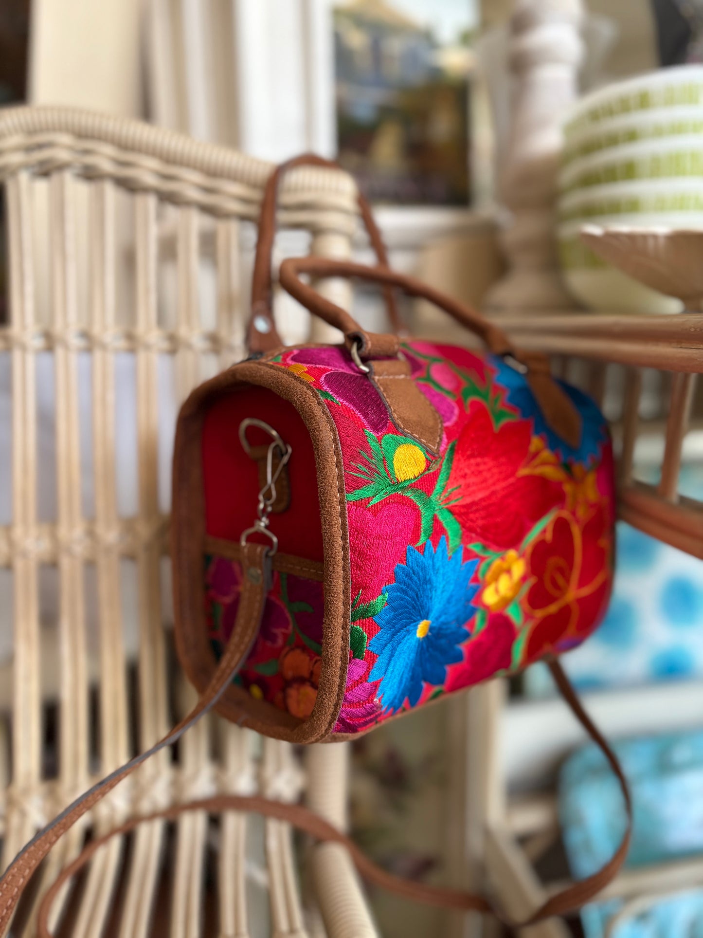 Embroidered Floral Handbag with long strap