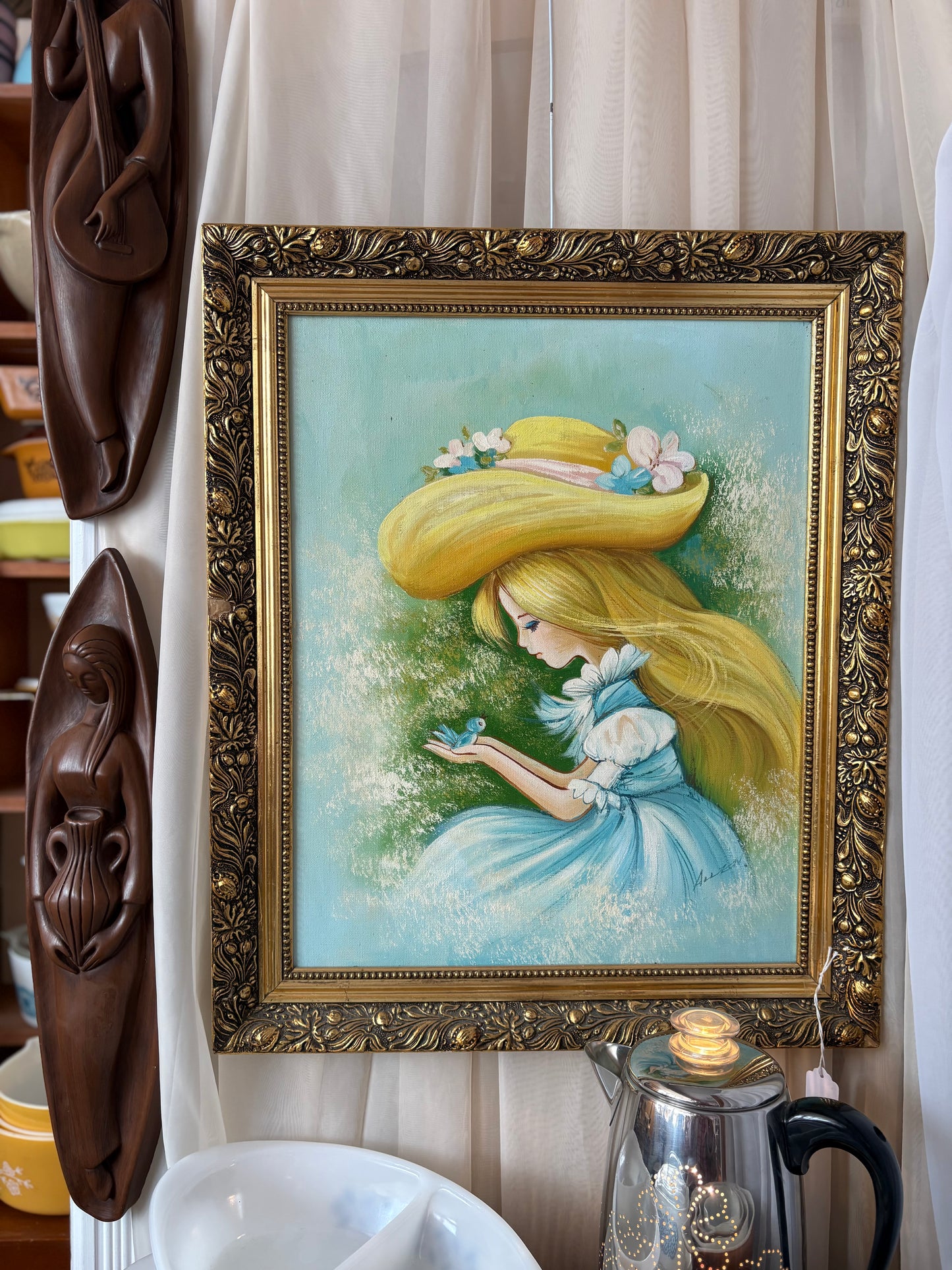 70s girl holding a bird painting - signed & framed