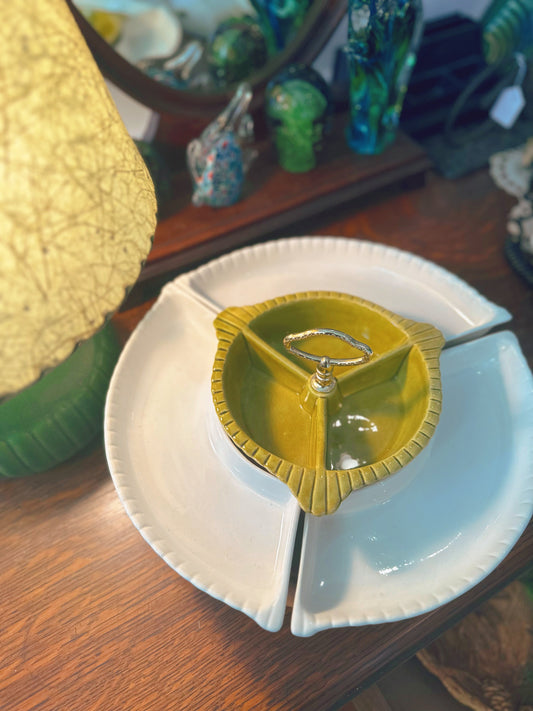 California pottery snack tray with wooden lazy Susan