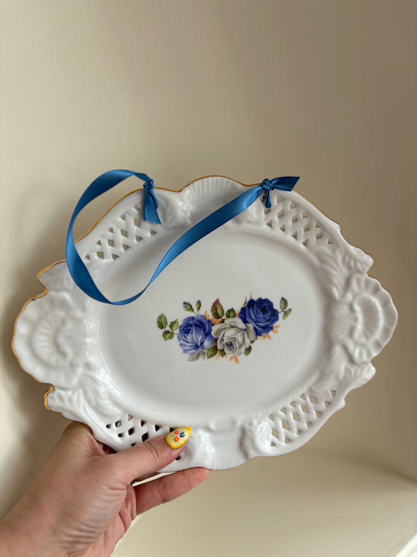Pierced Rim Blue floral wall hanging plate #1