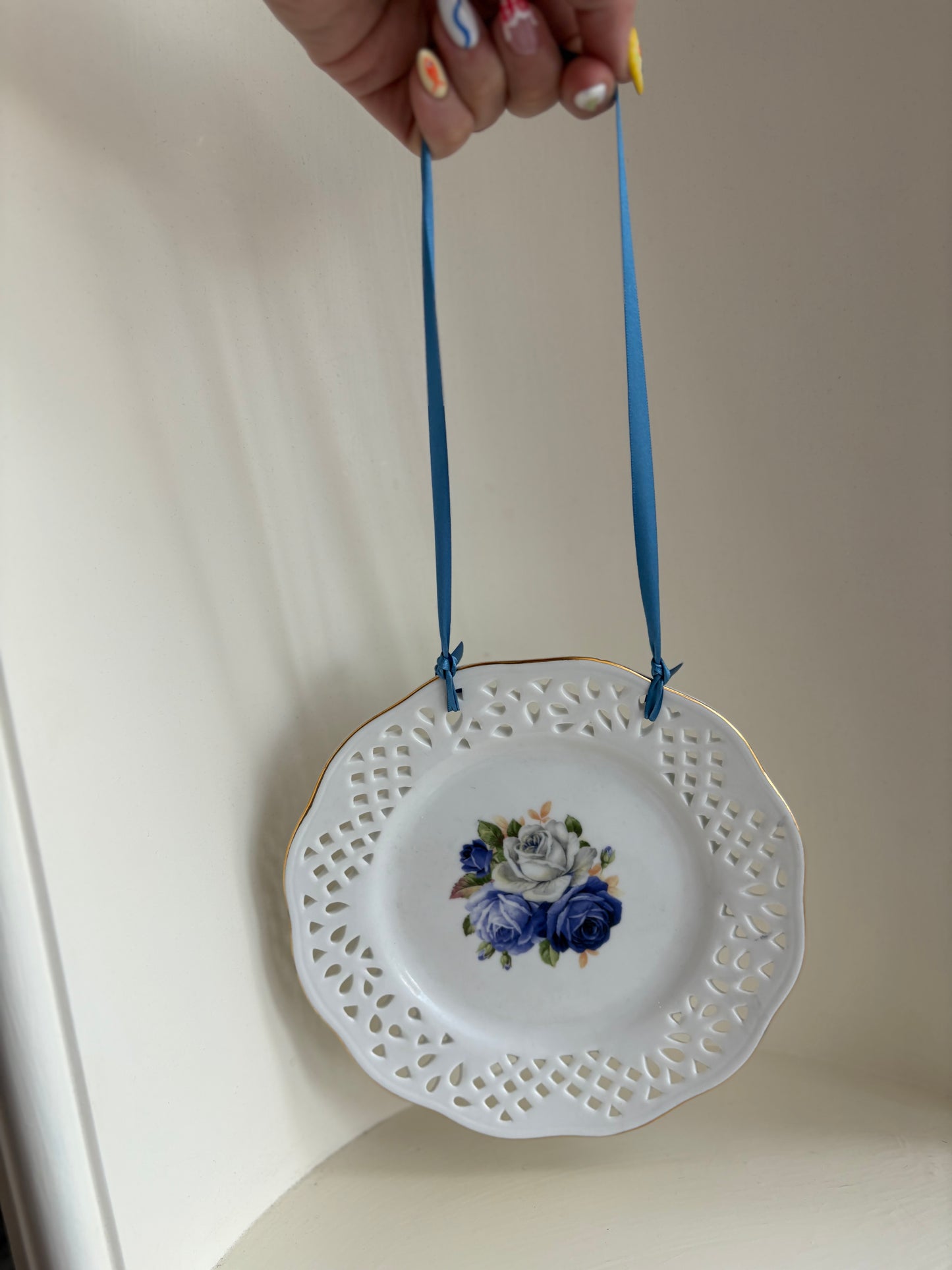 Pierced Rim Blue floral wall hanging plate #3