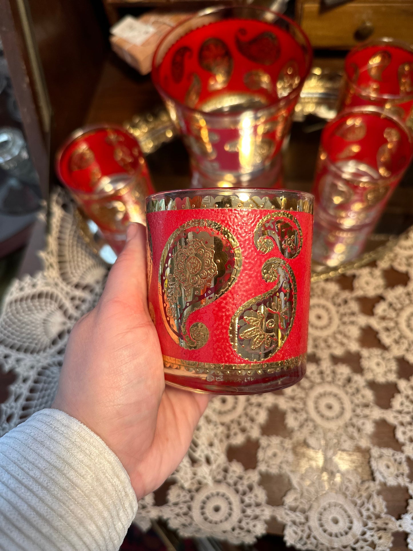Mid Century Culver Glass Paisley Set - ice bucket & 4 glasses