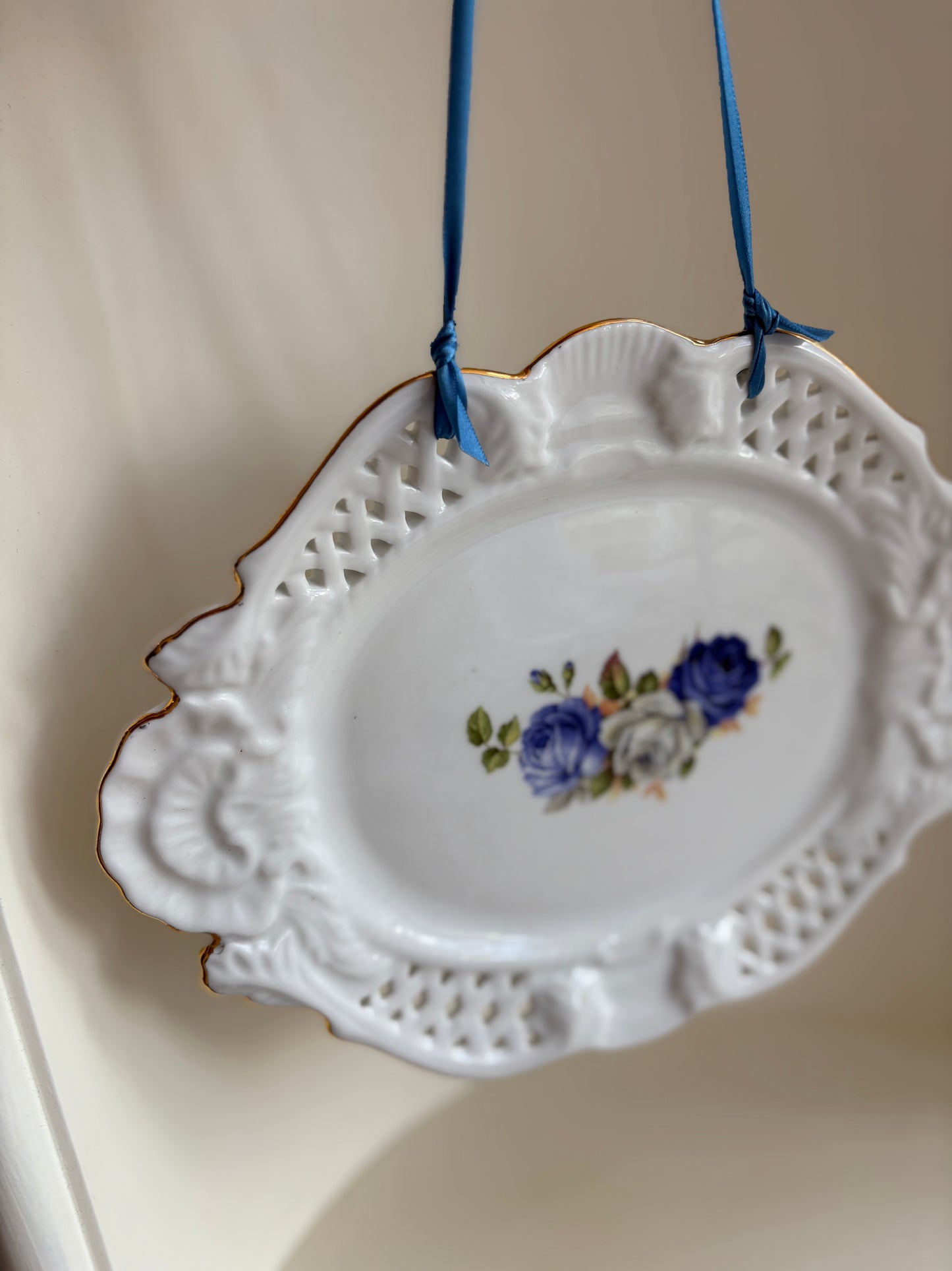Pierced Rim Blue floral wall hanging plate #1