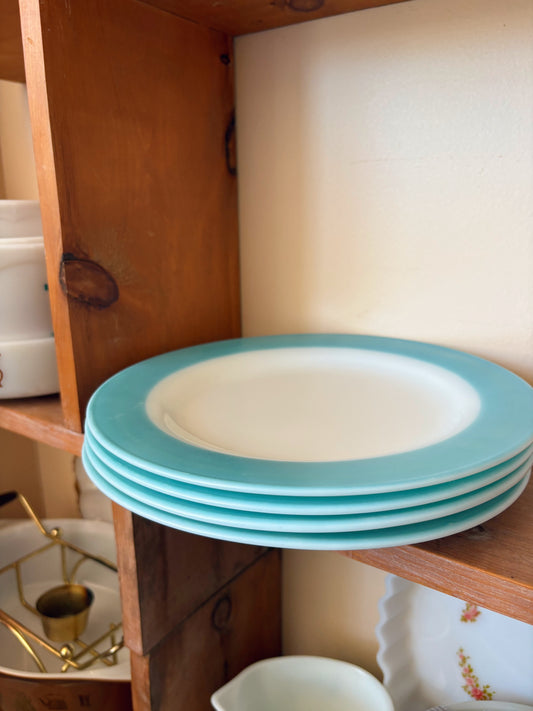 Pyrex Dinner Plates - Turquoise Blue Banded Milk Glass Dinnerware